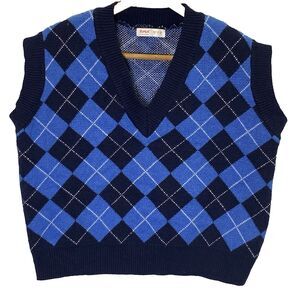 Romwe Sleeveless Argyle Sweater Vest Pullover V Neck Womens Size S Blue
